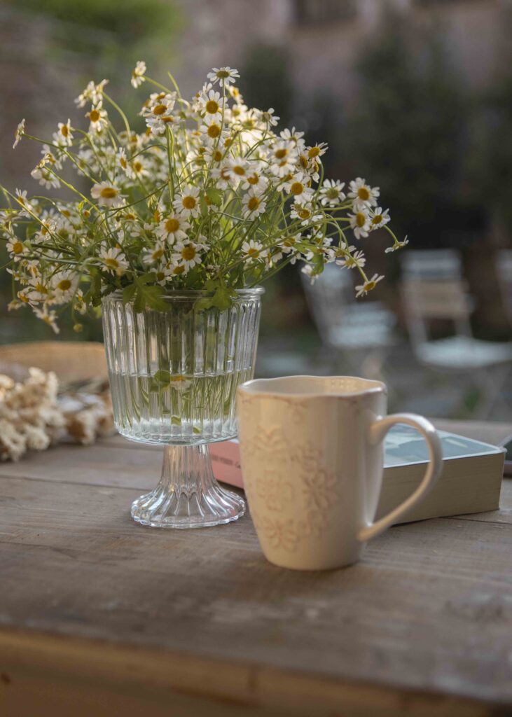 tazza e mazzo di margherite