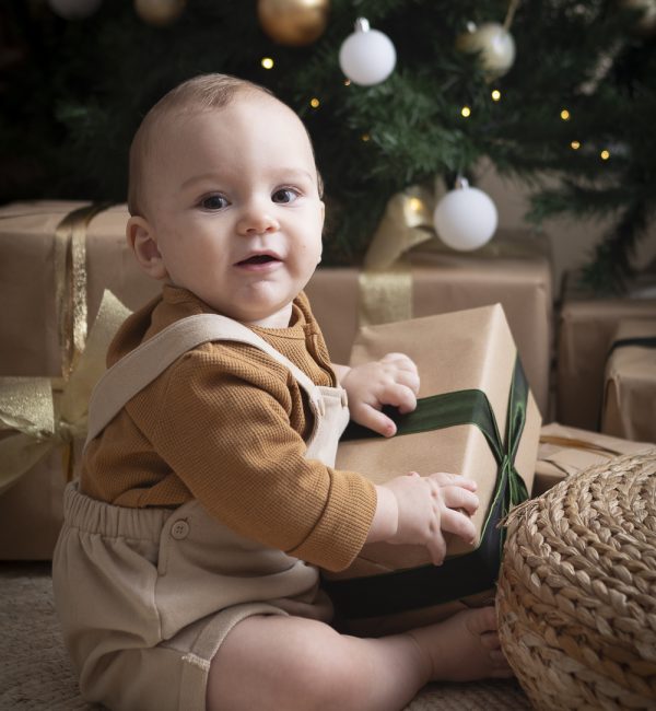 bimbo piccolo davanti all' albero di natale con pacchetto regalo (1 di 1)